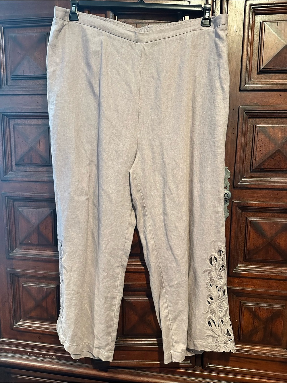 2X Soft Surroundings 100% LINEN Light Taupe TROUSERS with Side Cutwork